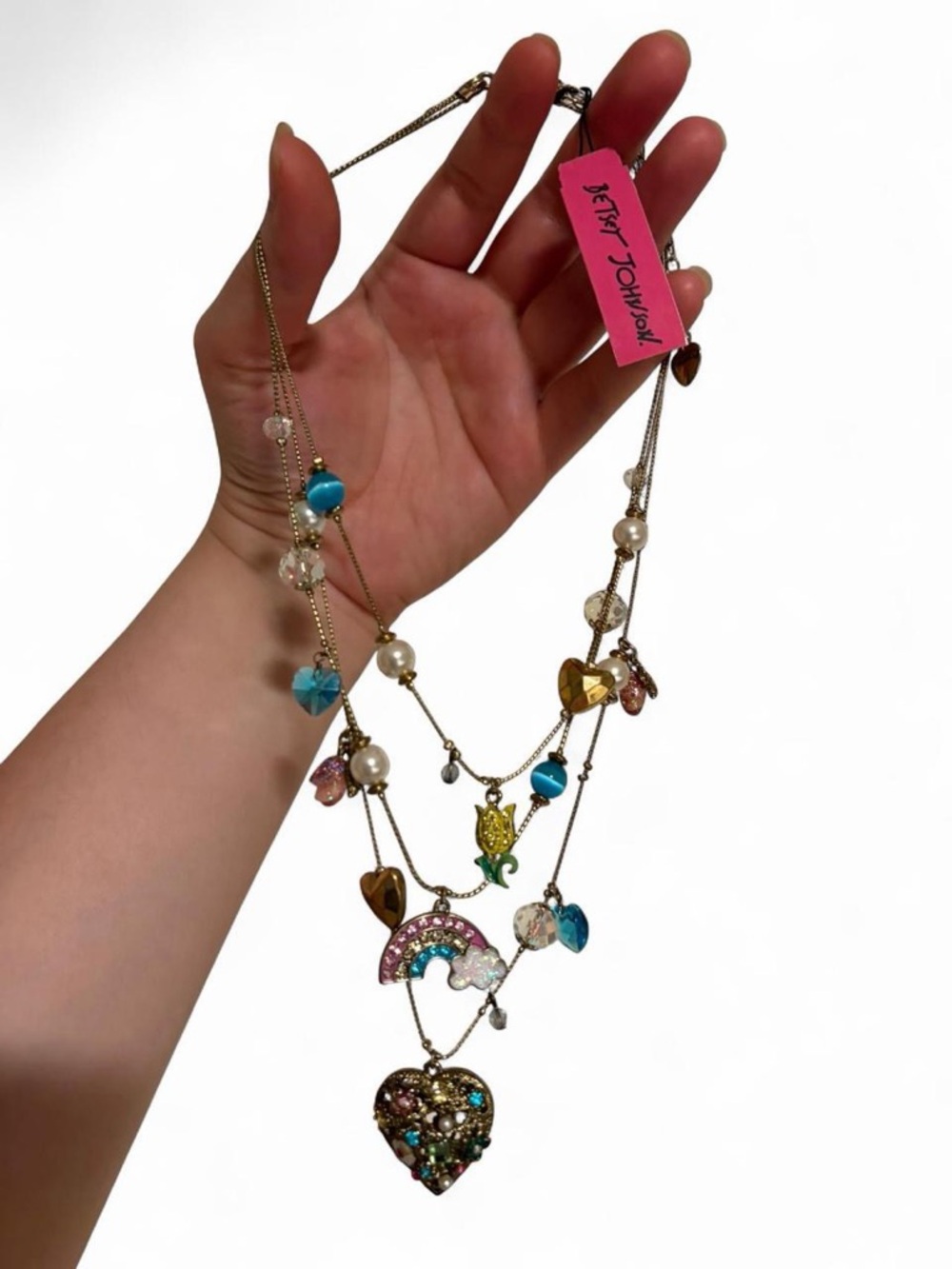 Betsey Johnson Heart & Rainbow Charm Layered Gold Necklace